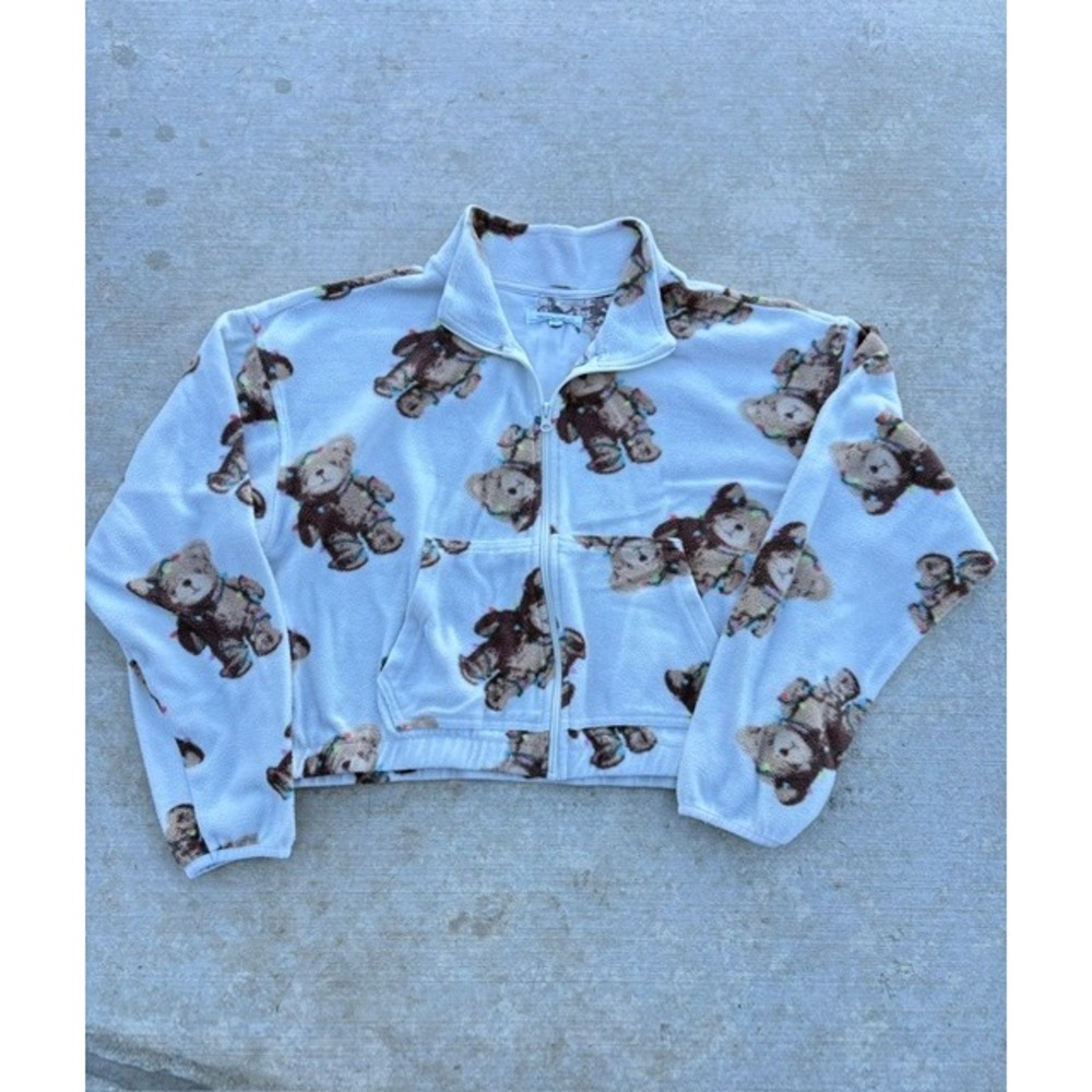 Grayson Threads Womens Blue Teddy Bear Christmas‎ Lights Fleece Jacket Zip L